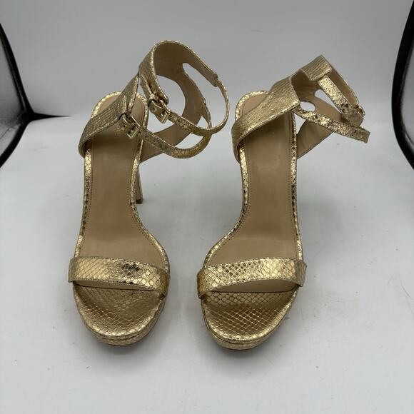 Michael Kors Heels Womens 10 Gold Snake Print Leather Stiletto 2 Ankle Strappy - Picture 5 of 10